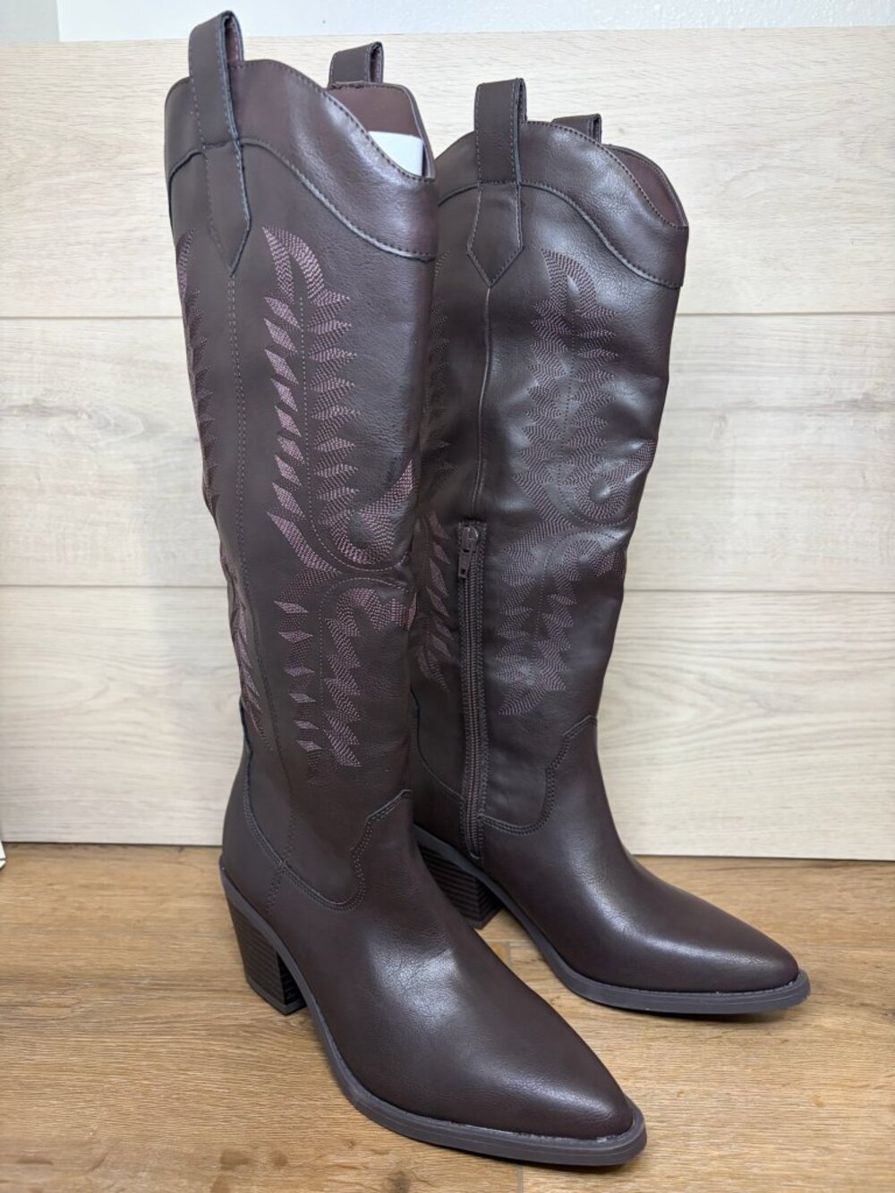 Sun + Stone Bodhiip Western Knee-High Heeled Boots Dark Brown Size 6M